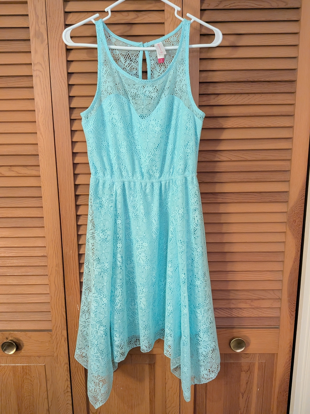 No Boundaries Juniors' Aqua Lace Handkerchief Hem Dress